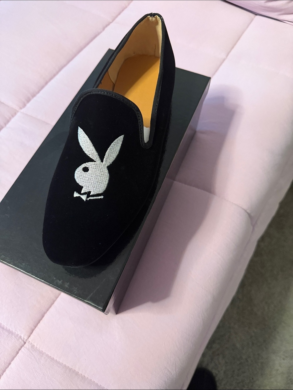 PLAYBOY Black Velvet Slip-On Loafer with White Bunny Emblem